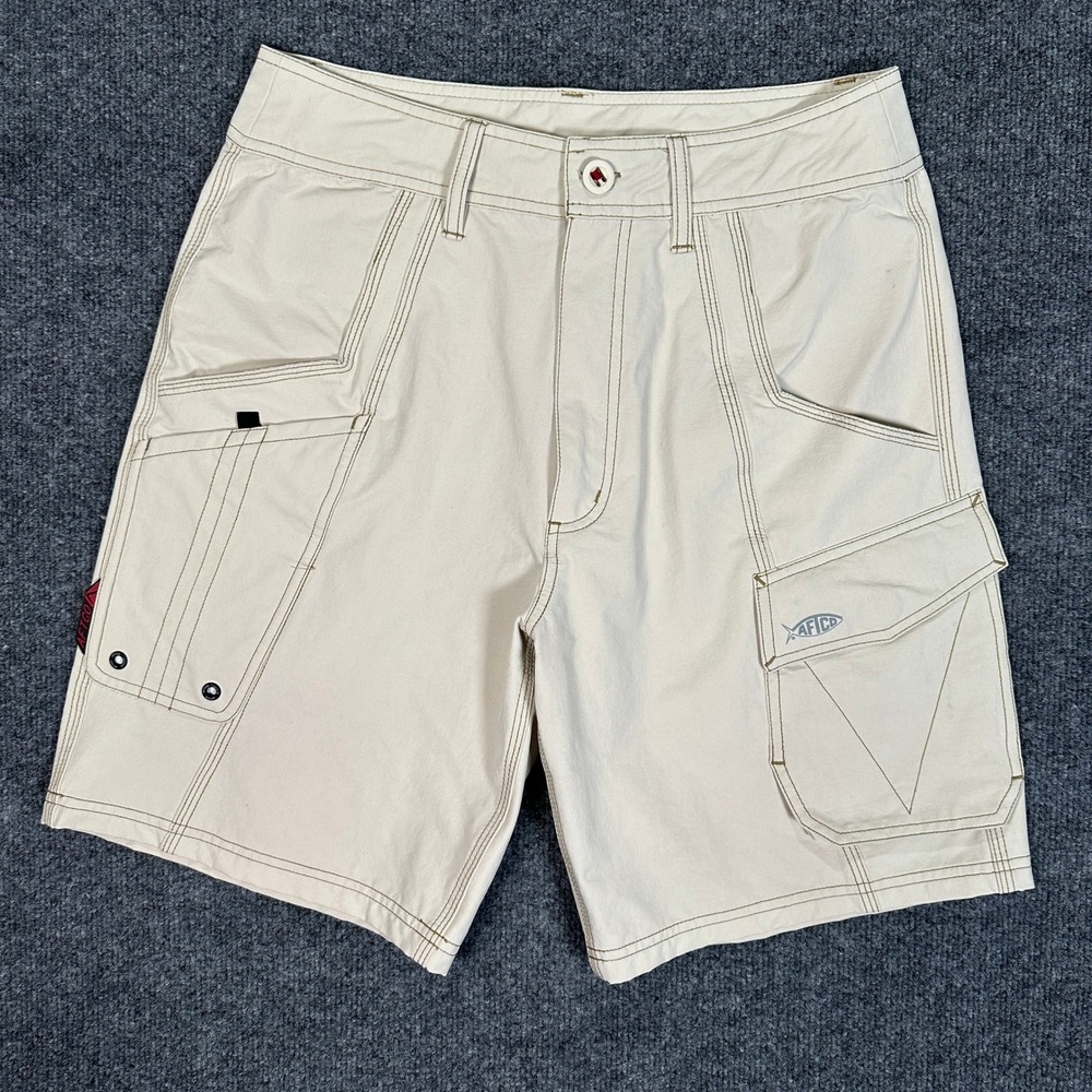AFTCO Fishing Shorts Tan Cargo Utility Pockets Nylon Spandex 9" Men's Size 30